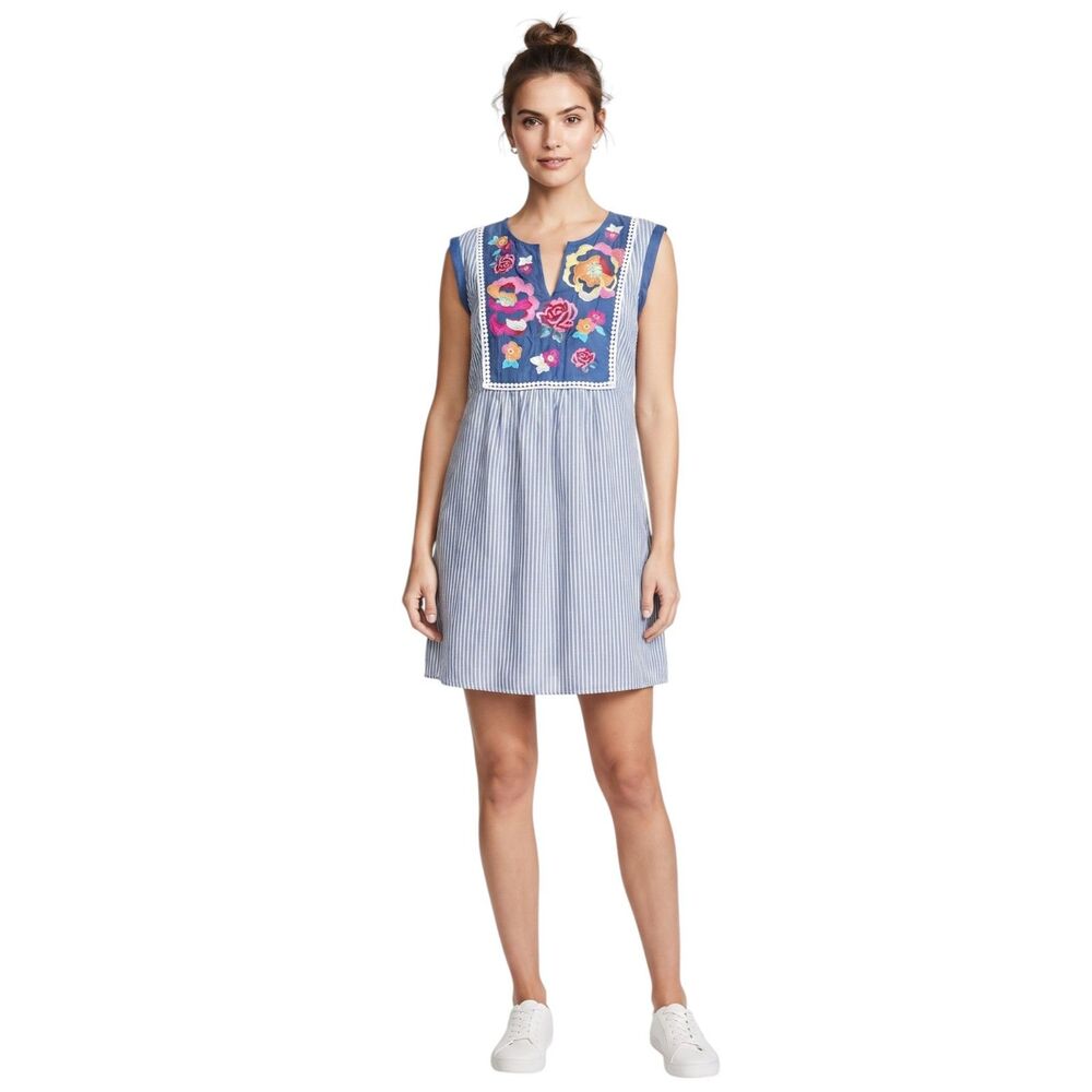 Andree by Unit Floral Embroidered Blue & White Striped Shift Dress Small